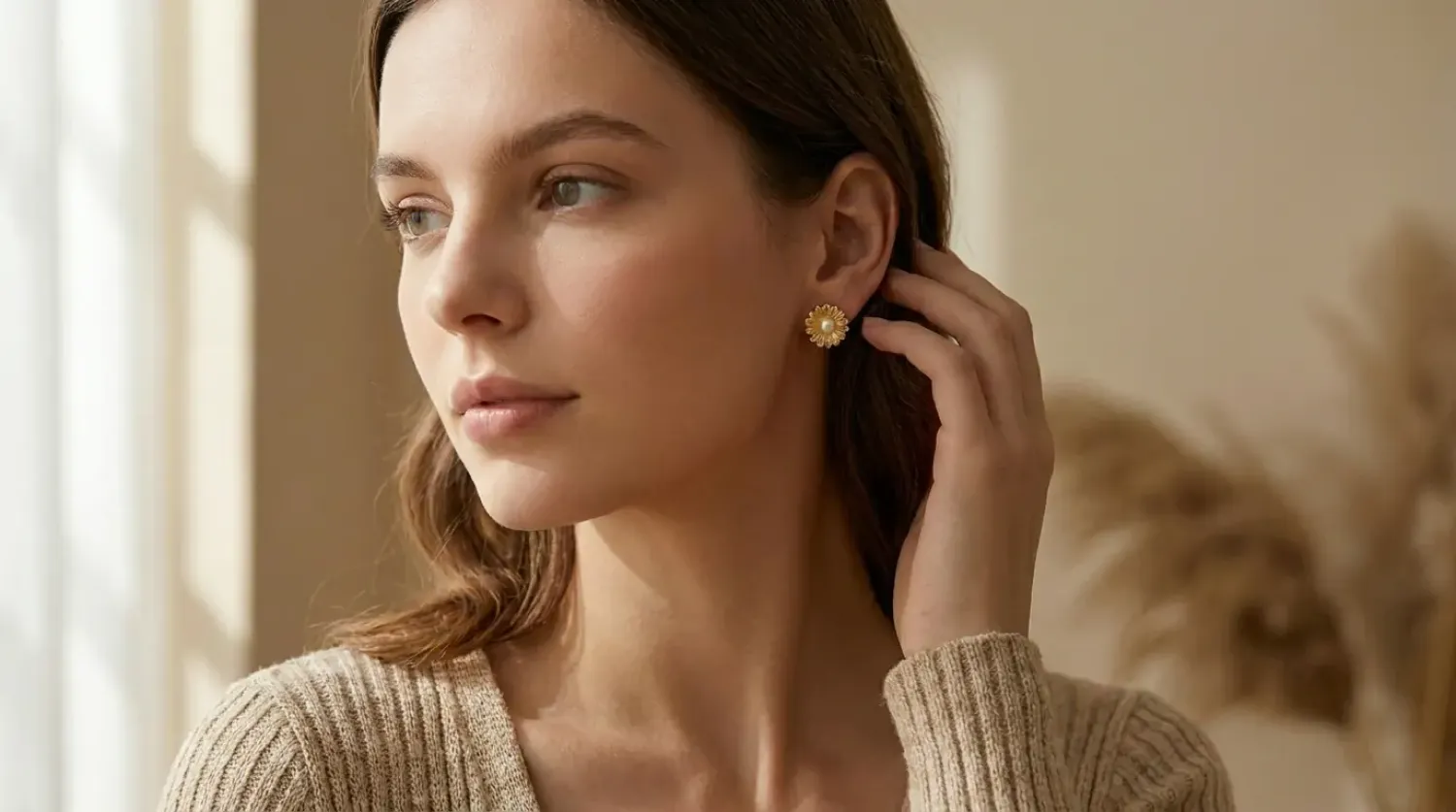 Preview: Golden Daisy Perlenohrstecker Edelstahl vergoldet
